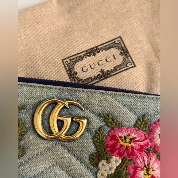 Gucci GG Marmont Floral Embroidered Matelasse Denim Zip Around Wallet - Picture 2 of 13